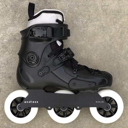 Endless Blading Co. 80 Classic Frame in black mounted on a black urban skate with three white wheels