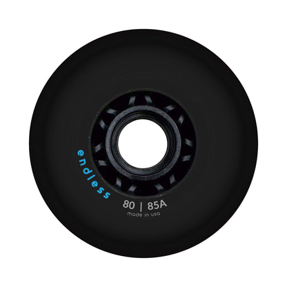 Endless Blading Co. 80 mm black inline skate wheel with 85A hardness and blue branding on a high-performance core.