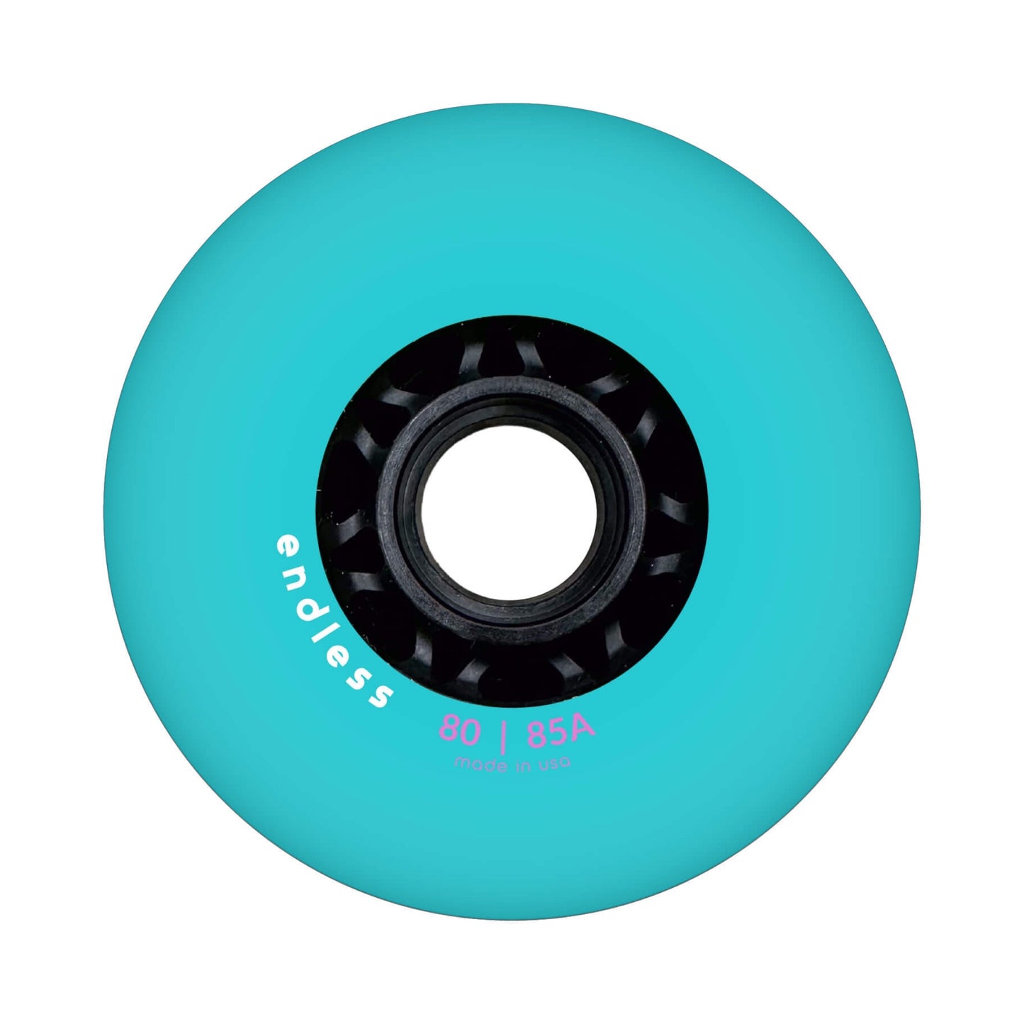 Endless Blading Co. 80 mm turquoise inline skate wheel with a black core and bullet profile