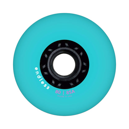 Endless Blading Co. 80 mm turquoise inline skate wheel with a black core and bullet profile