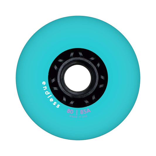 Endless Blading Co. 80 mm turquoise inline skate wheel with a black core and bullet profile