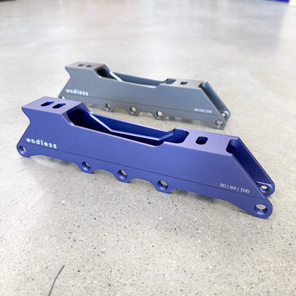 Endless Blading Co. Endless 80 Classic frames in blue and grey CNC-machined aluminum for urban and freeride skates.