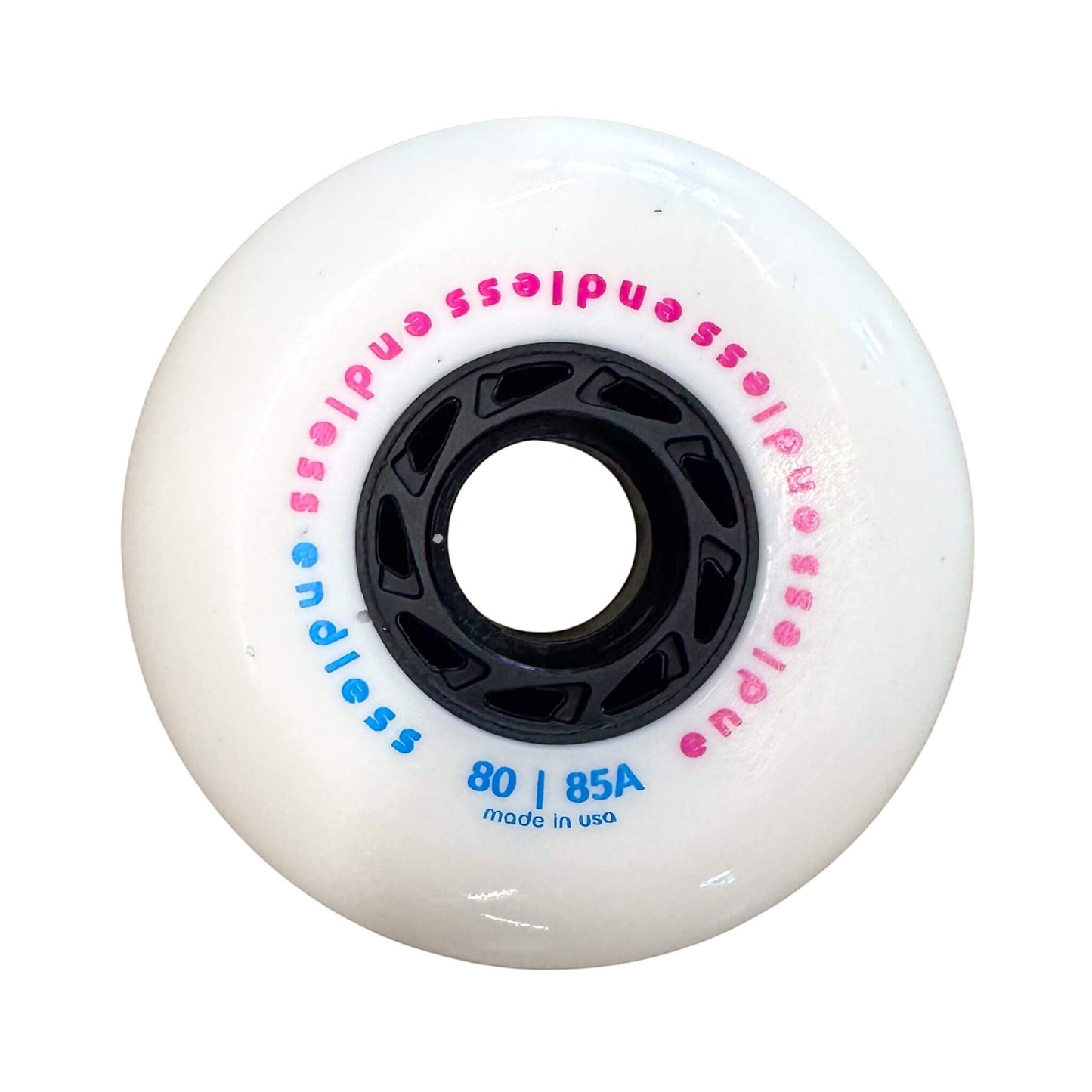 Endless Blading Co. 80 mm white urethane inline skate wheel with black core, pink and blue branding, and bullet profile.