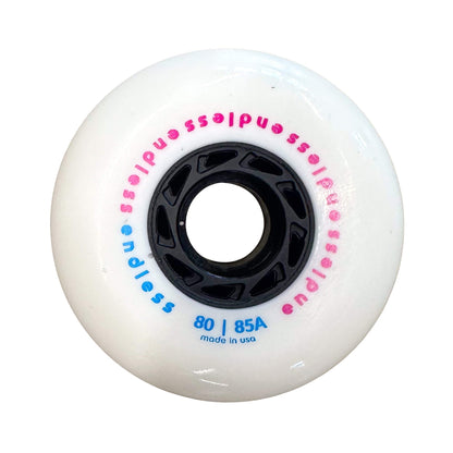 Endless Blading Co. 80 mm white urethane inline skate wheel with black core, pink and blue branding, and bullet profile.