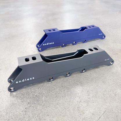 Endless Blading Co. 90 Classic frames in blue and grey CNC-machined aluminum for urban and freeride skates.