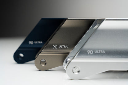 Endless Blading Co. 90 Ultra UFS aluminum inline skate frames in midnight, titanium gray, and bright silver.