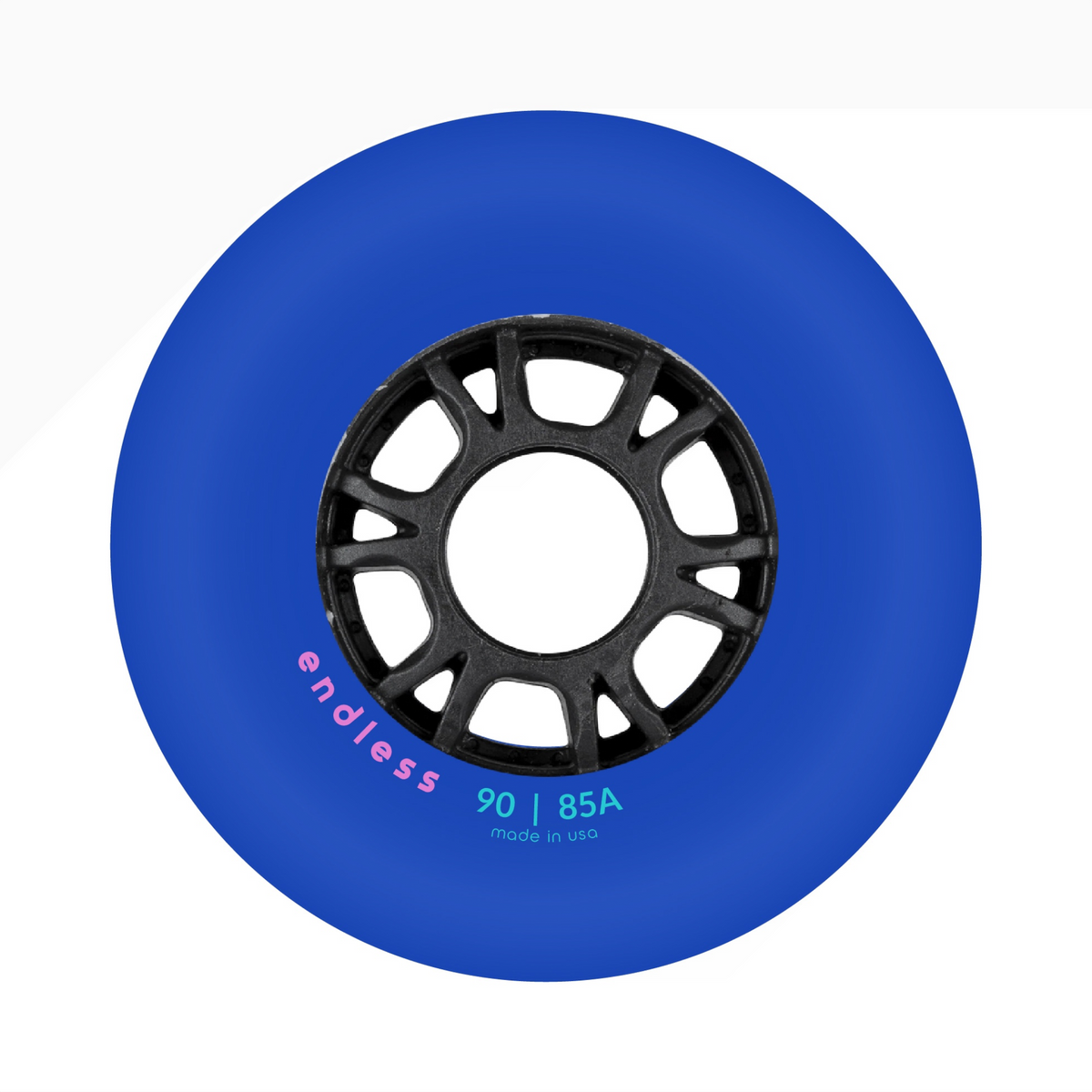 Endless Blading Co. 90mm 85A blue inline skate wheel with a black high-performance core and bullet profile.