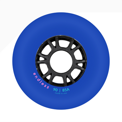 Endless Blading Co. 90mm 85A blue inline skate wheel with a black high-performance core and bullet profile.