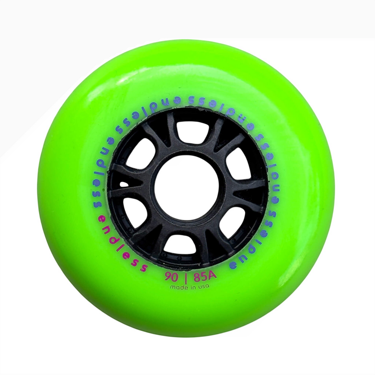 Endless Blading Co. 90mm 85A neon green inline skate wheel with black high-performance core and bullet profile