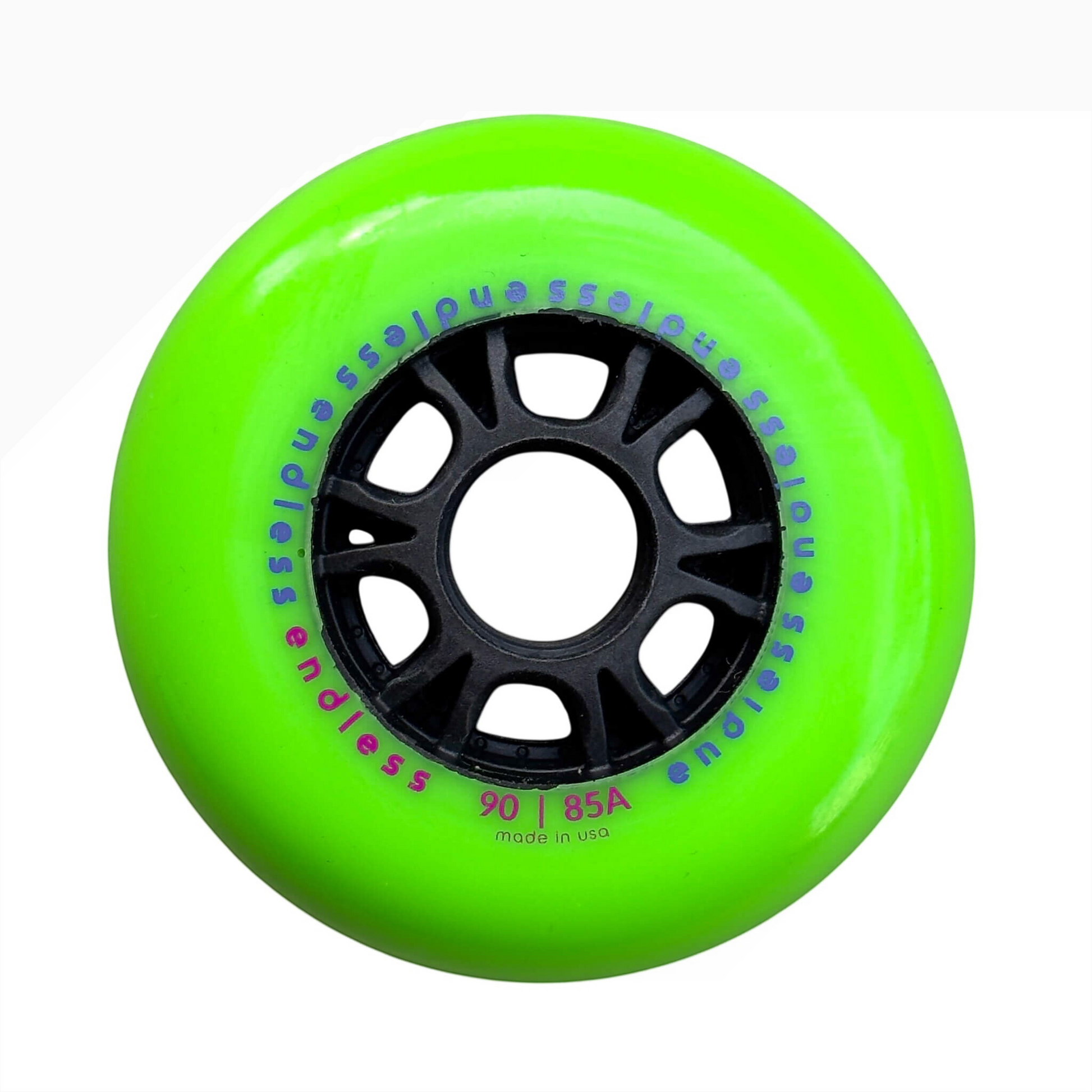 Endless Blading Co. 90mm 85A neon green inline skate wheel with black high-performance core and bullet profile