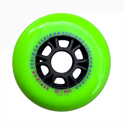 Endless Blading Co. 90mm 85A neon green inline skate wheel with black high-performance core and bullet profile
