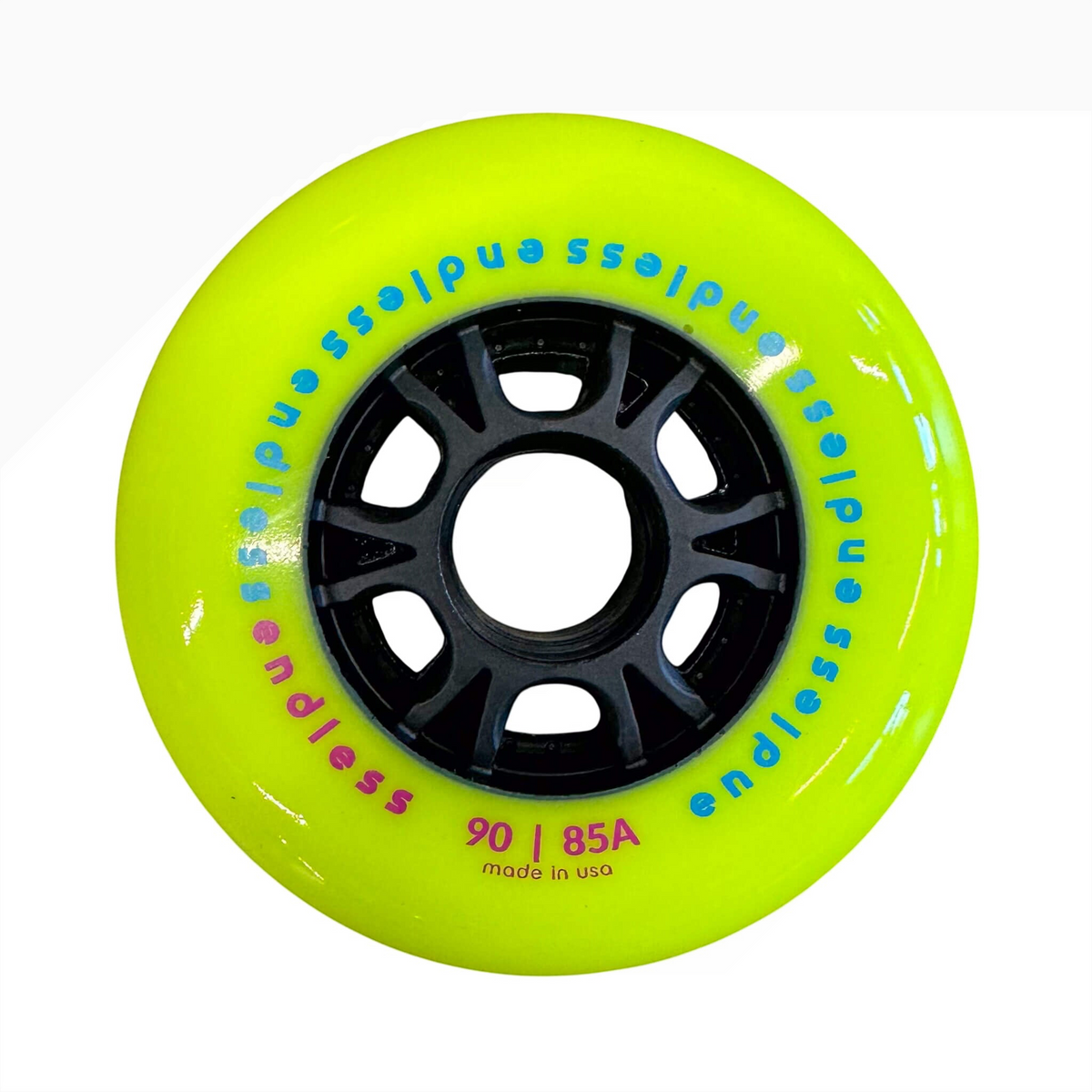 Endless Blading Co. 90mm 85A neon yellow inline skate wheel with a black high-performance core and bullet profile.