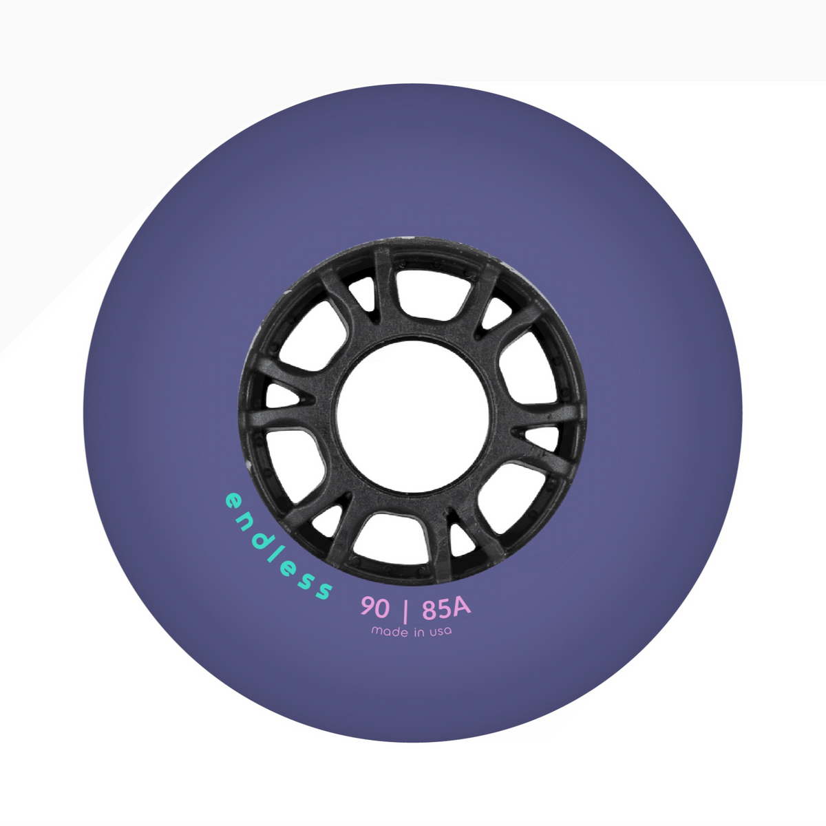 Endless Blading Co. 90mm 85A bullet profile inline skate wheel in purple with a black high-performance core.
