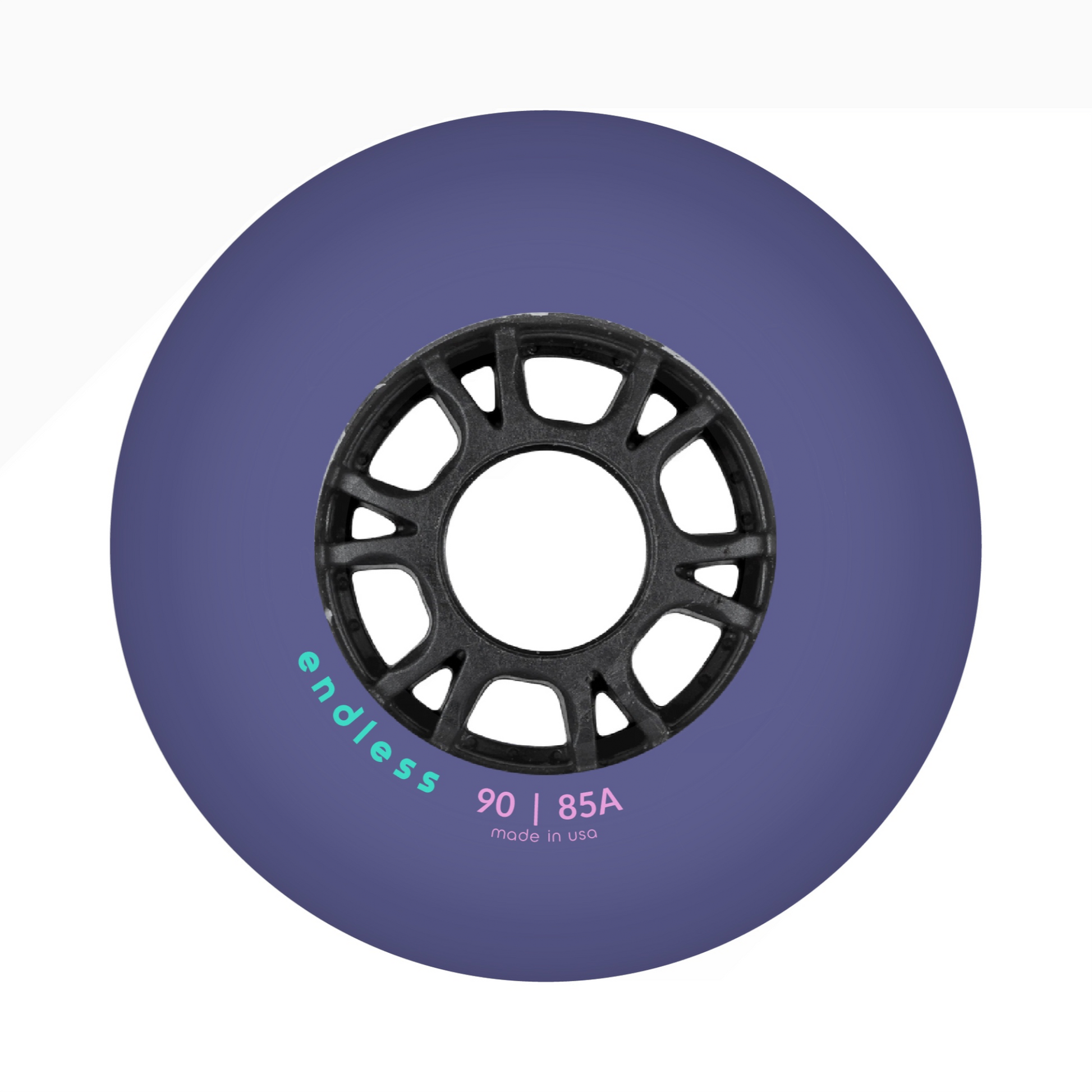 Endless Blading Co. 90mm 85A bullet profile inline skate wheel in purple with a black high-performance core.
