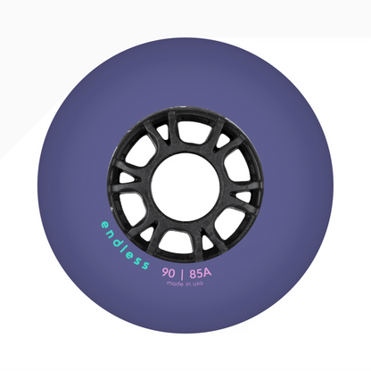Endless Blading Co. 90mm 85A bullet profile inline skate wheel in purple with a black high-performance core.