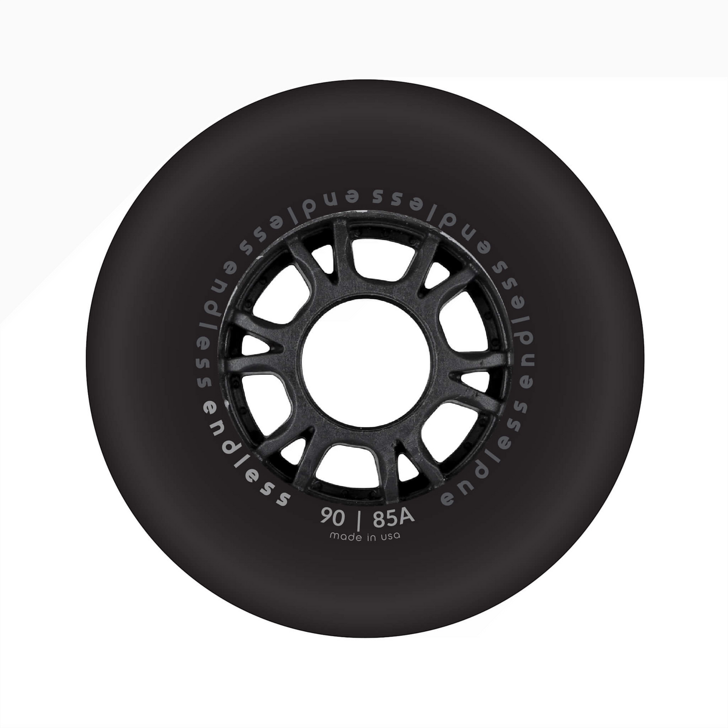 Endless Blading Co. 90mm 85A black inline skate wheel with a bullet profile and high-performance core