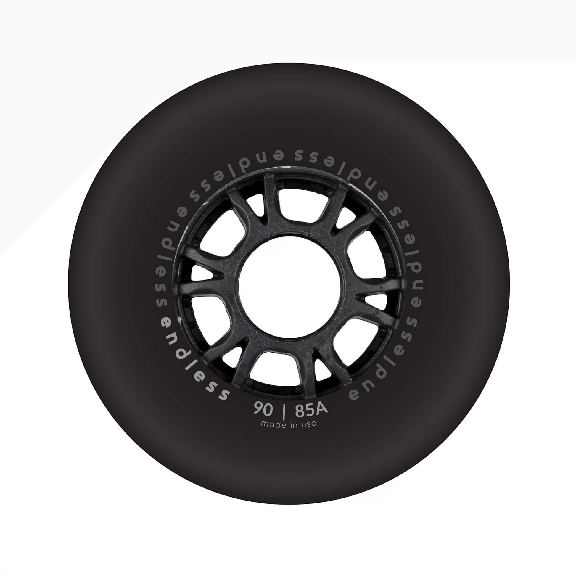 Endless Blading Co. 90mm 85A black inline skate wheel with a bullet profile and high-performance core