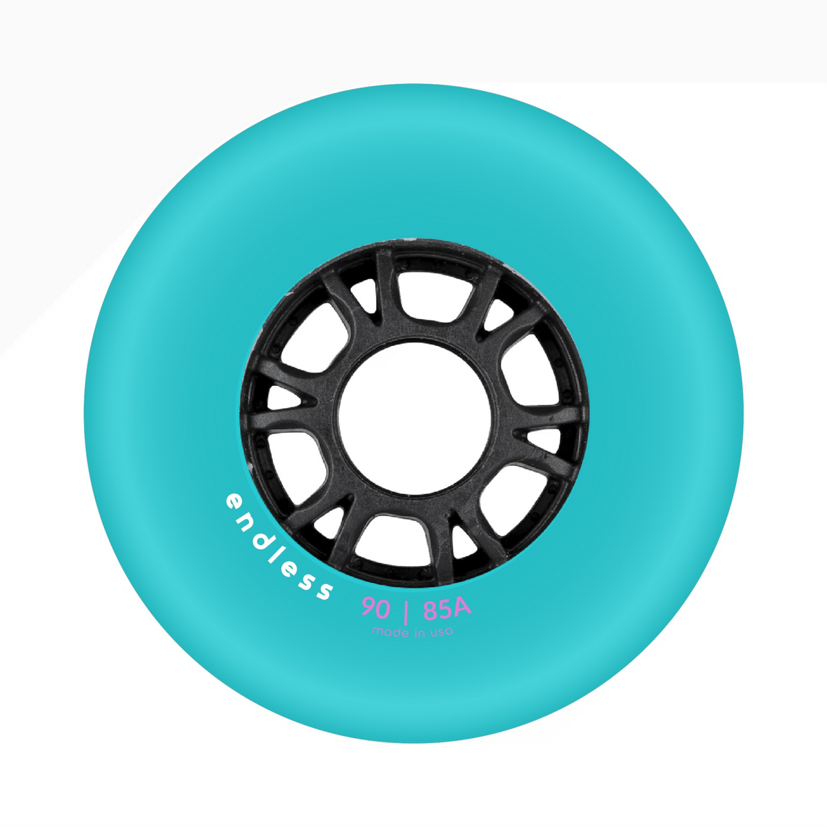 Endless Blading Co. 90mm 85A inline skate wheel in bright teal with a black high-performance core and bullet profile.