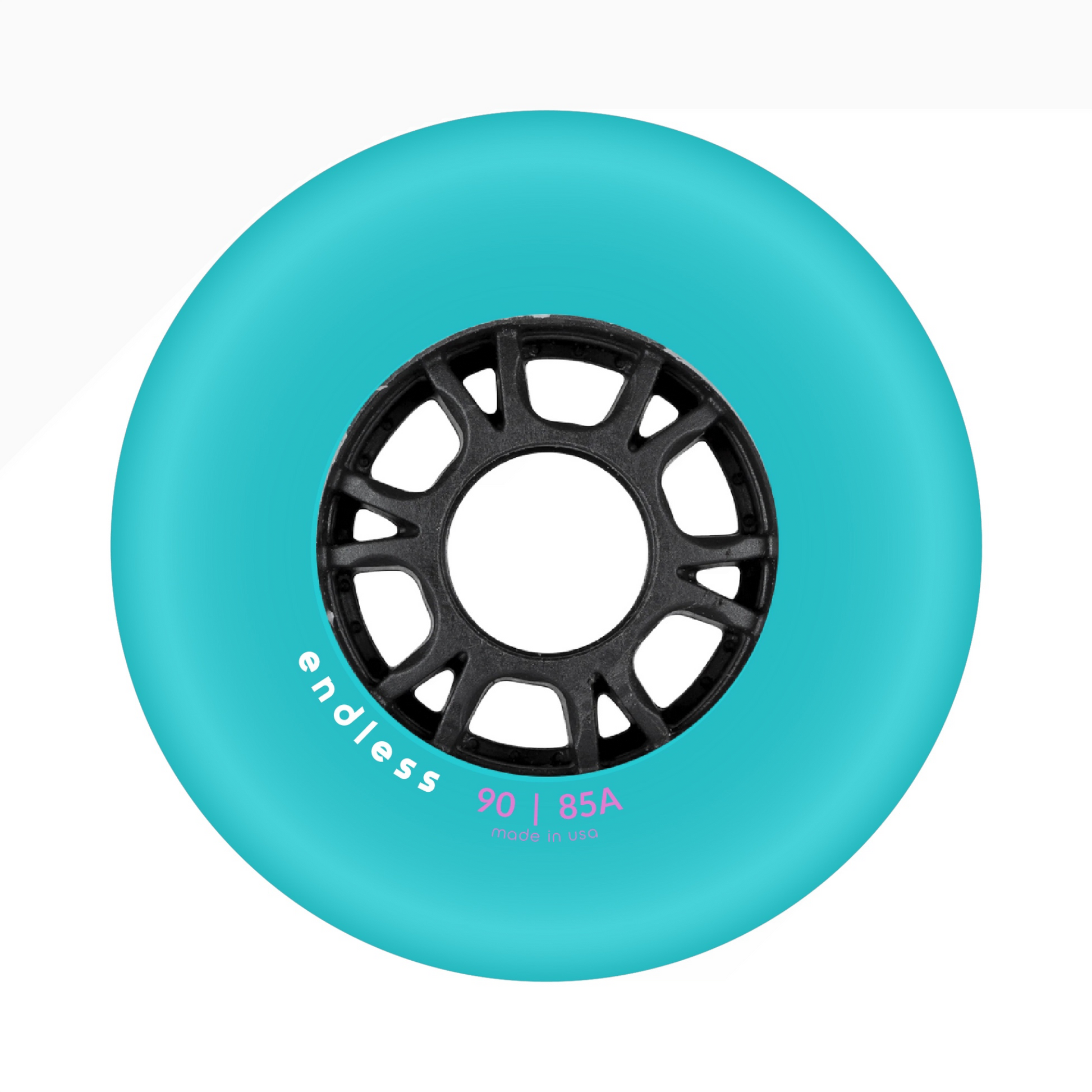 Endless Blading Co. 90mm 85A inline skate wheel in bright teal with a black high-performance core and bullet profile.