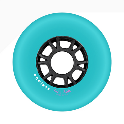 Endless Blading Co. 90mm 85A inline skate wheel in bright teal with a black high-performance core and bullet profile.