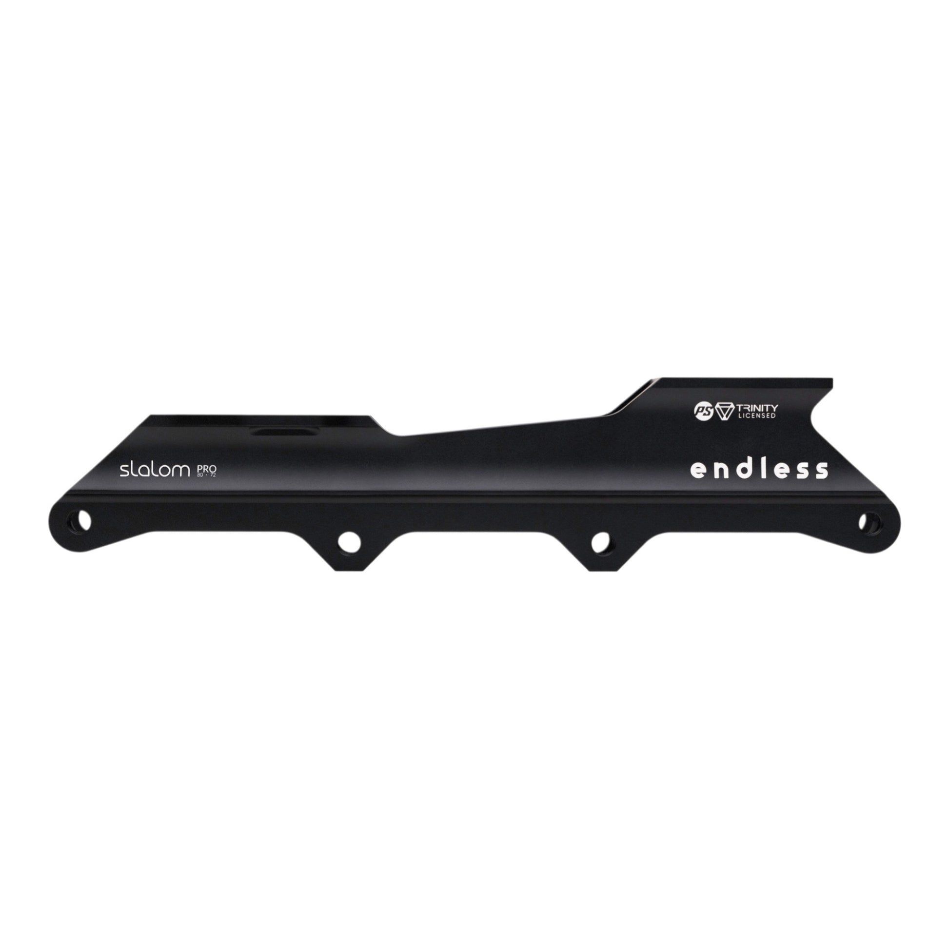 Endless Blading Co. black aluminum slalom pro inline skate frame with 2x80mm outer and 2x72mm inner wheel setup.