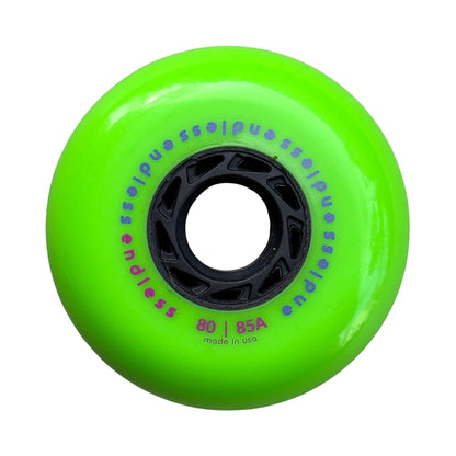 Endless Blading Co. 80 mm neon green inline skate wheel with a black high-performance core and bullet profile.