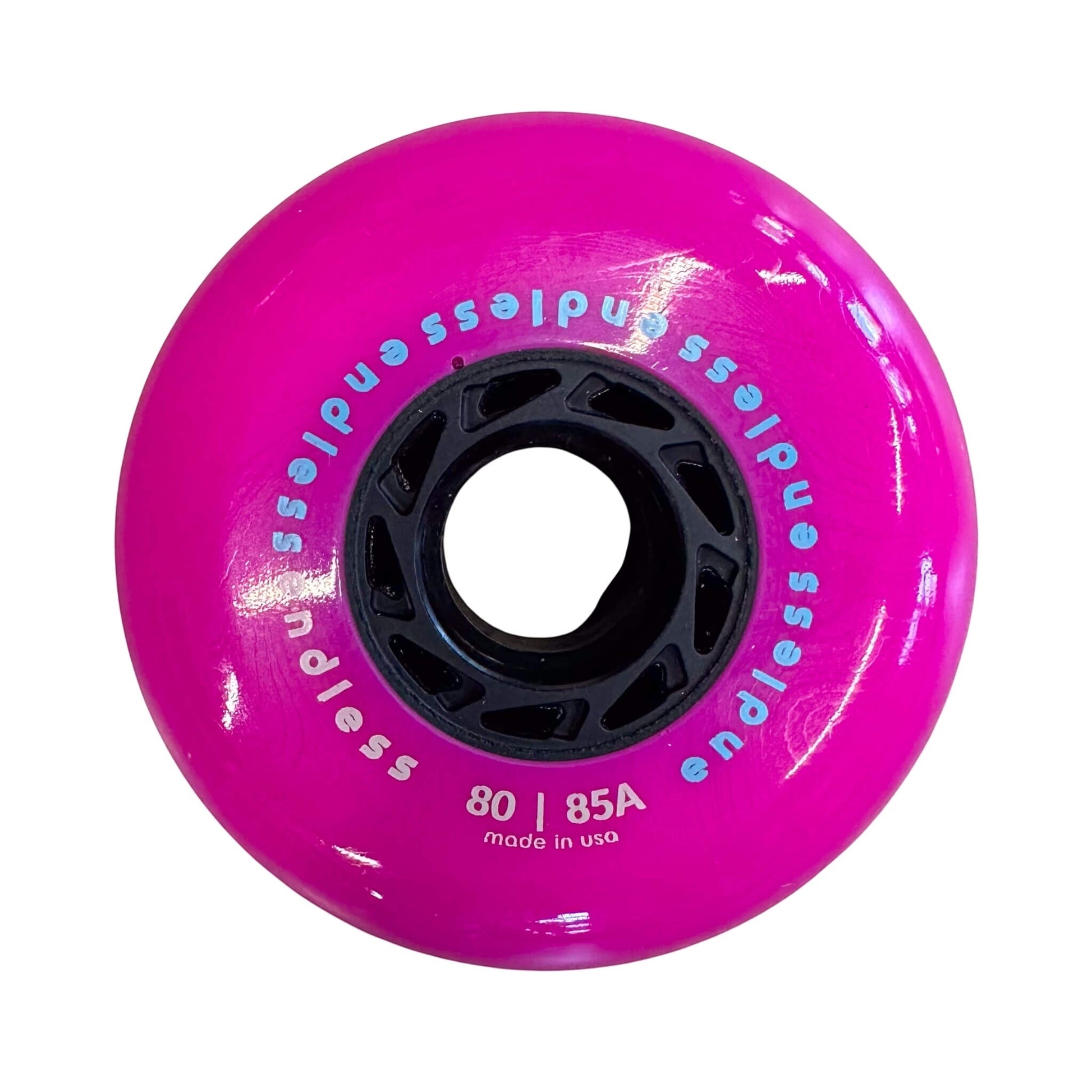 Endless Blading Co. 80 mm neon pink inline skate wheel with a black core and bullet profile, made in the USA.