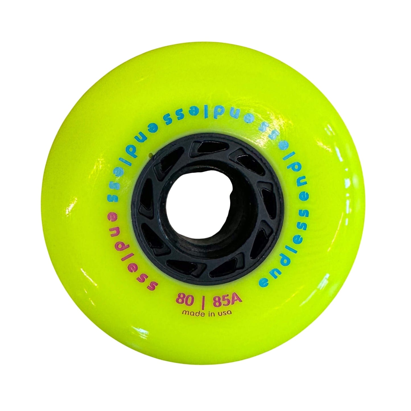 Endless Blading Co. neon yellow 80 mm inline skate wheel with black core and bullet profile for high performance