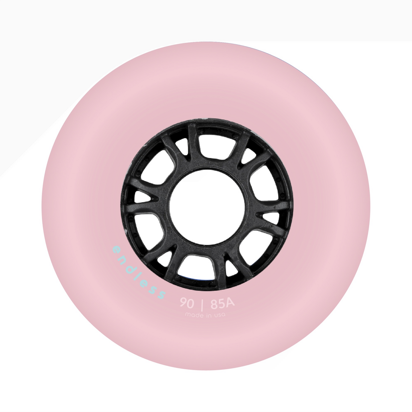 Endless Blading Co. 90mm 85A bullet profile inline skate wheel in light pink with a black high-performance core.