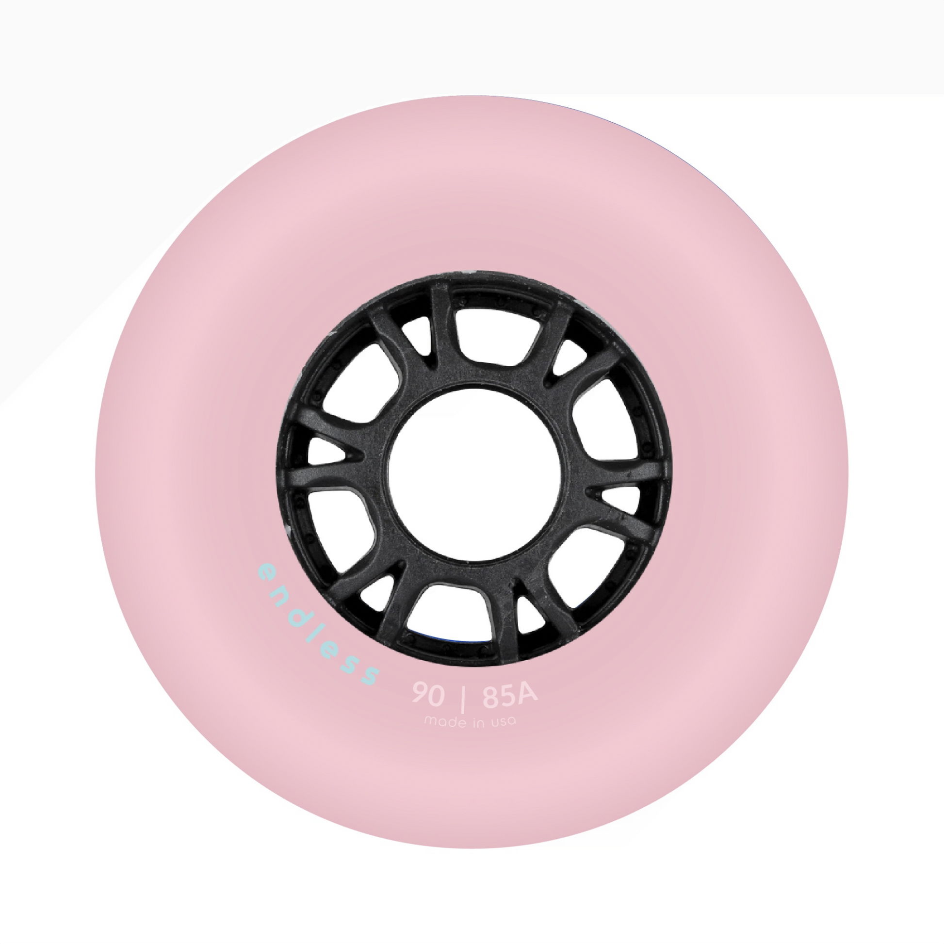 Endless Blading Co. 90mm 85A bullet profile inline skate wheel in light pink with a black high-performance core.