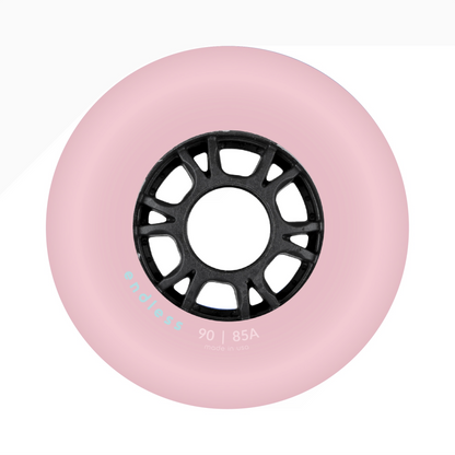 Endless Blading Co. 90mm 85A bullet profile inline skate wheel in light pink with a black high-performance core.
