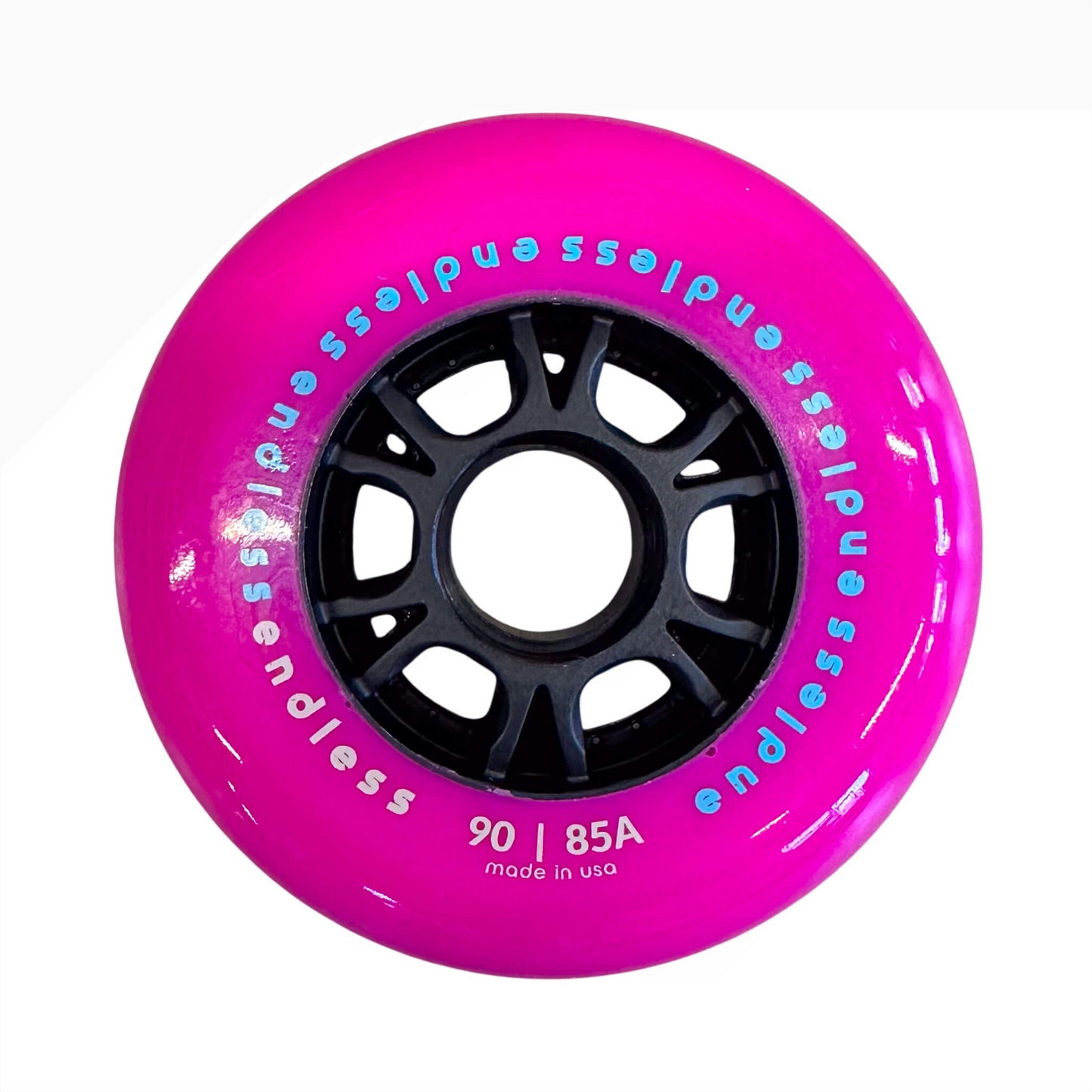 Endless Blading Co. 90mm 85A pink inline skate wheel with a black high-performance core and bullet profile