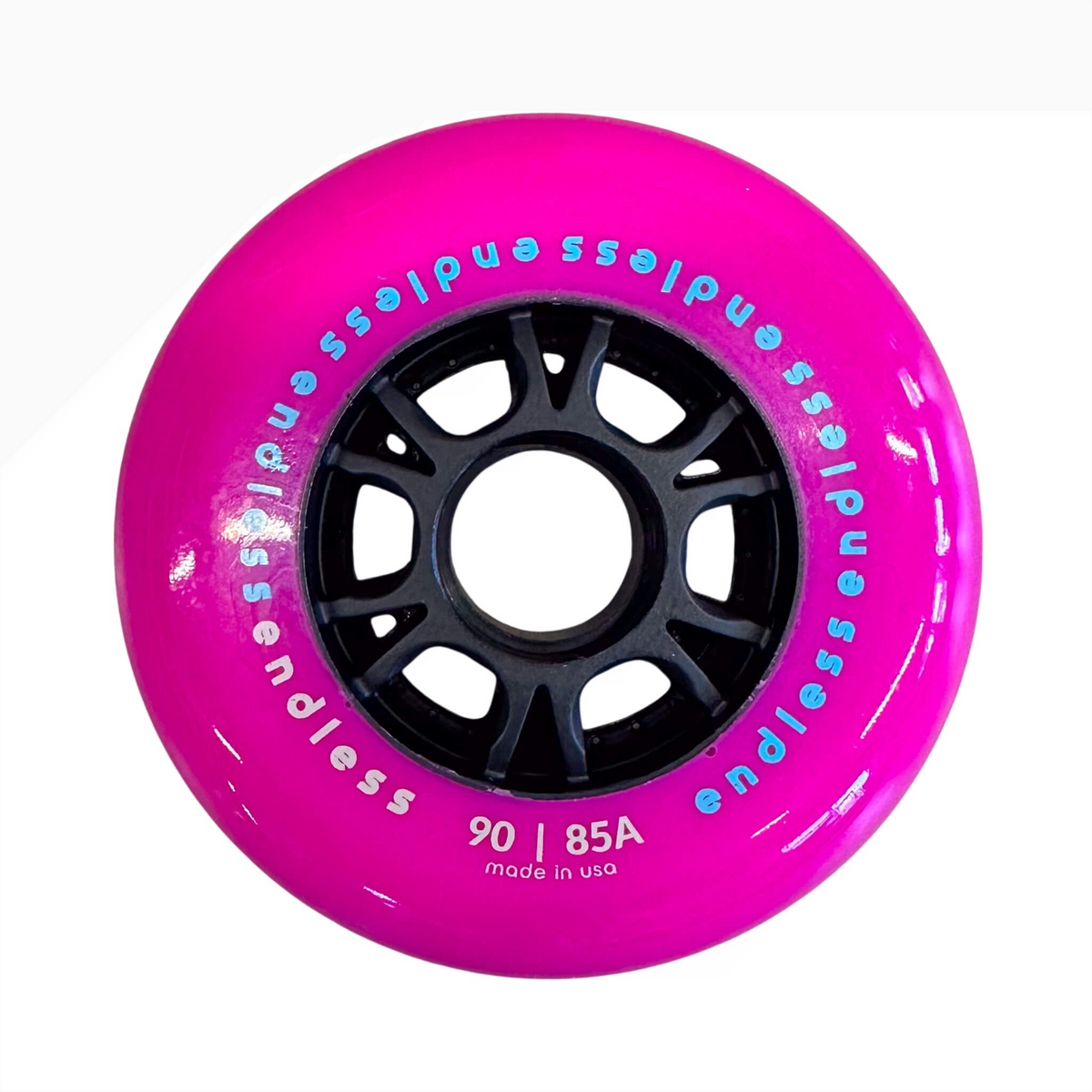 Endless Blading Co. 90mm 85A pink inline skate wheel with a black high-performance core and bullet profile