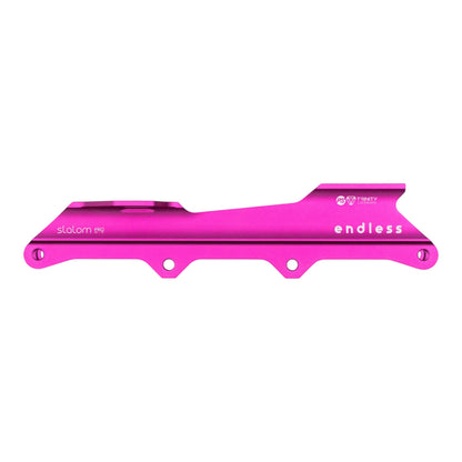 Endless Blading Co. pink aluminum slalom pro inline skate frame with 2x80mm outer and 2x72mm inner wheel setup.