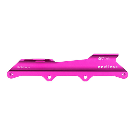 Endless Blading Co. pink aluminum slalom pro inline skate frame with 2x80mm outer and 2x72mm inner wheel setup.