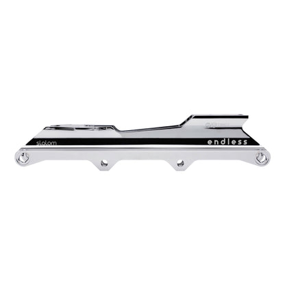 Endless Blading Co. silver aluminum slalom inline skate frame with TRINITY mount, adjustable rocker
