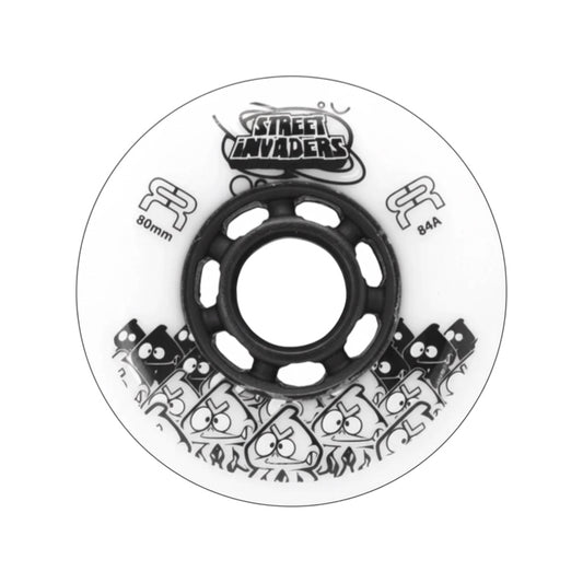 Endless Blading Co. white 80mm 84A round profile inline skate wheel with black bearing and cartoon characters.